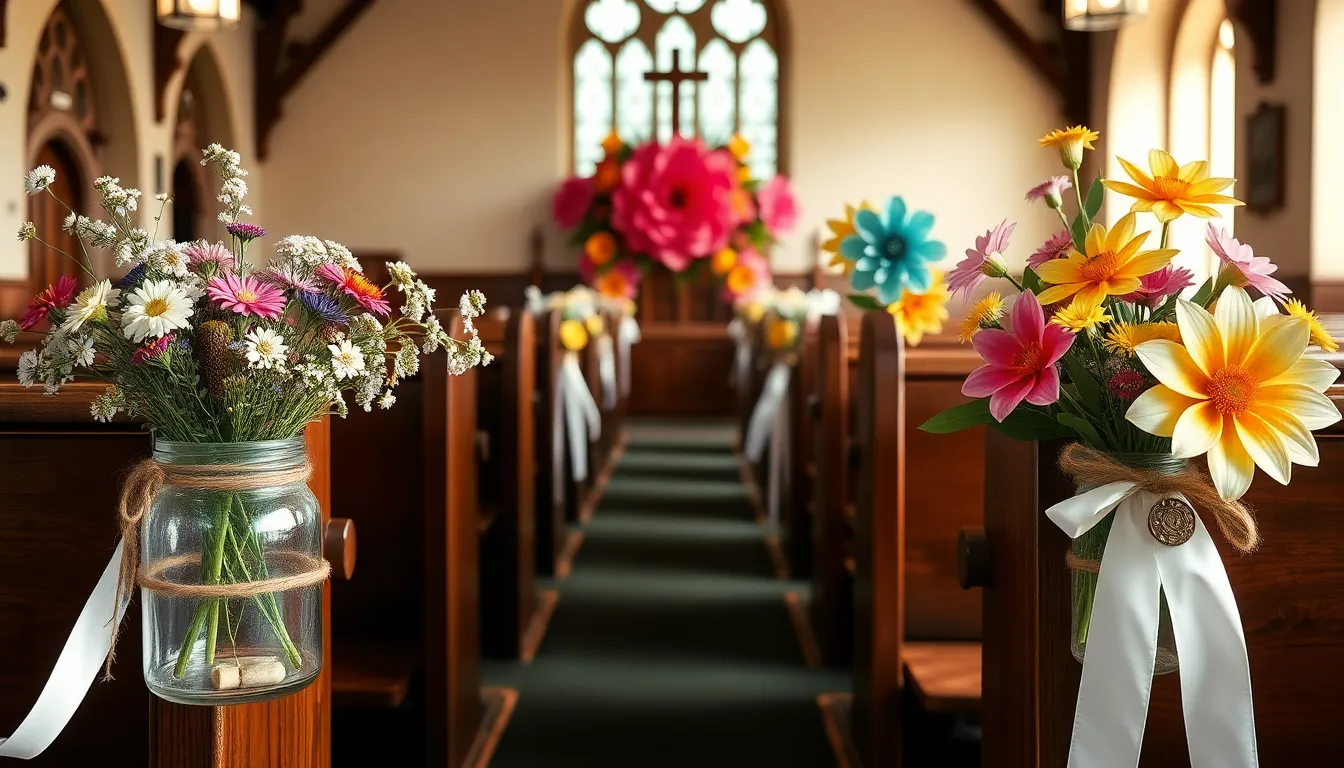 50 Stunning Ideas for Decorating Church Pews for Wedding on Any Budget 4 50 Stunning Ideas for Decorating Church Pews for Wedding on Any Budget 3