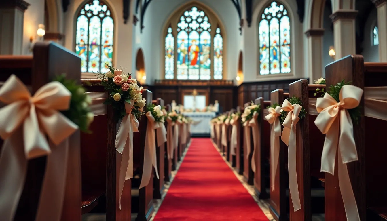 50 Stunning Ideas for Decorating Church Pews for Wedding on Any Budget 12 50 Stunning Ideas for Decorating Church Pews for Wedding on Any Budget 11