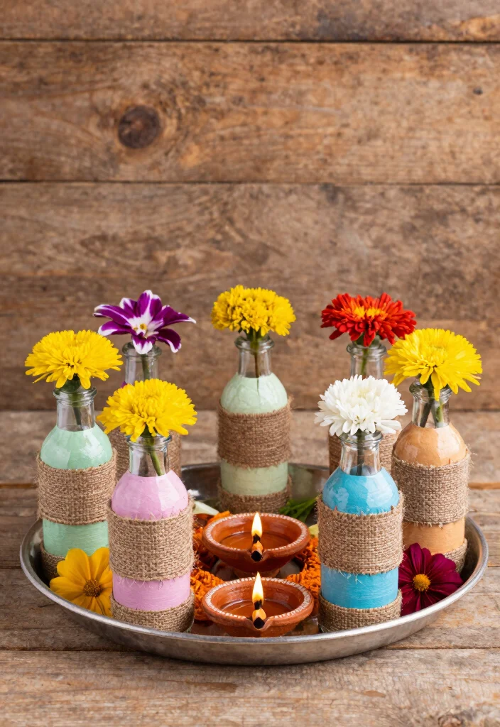 10 Aarti Thali Decoration Ideas with Simple Traditional Touches - 7. Upcycled Glass Bottles as Accents 1