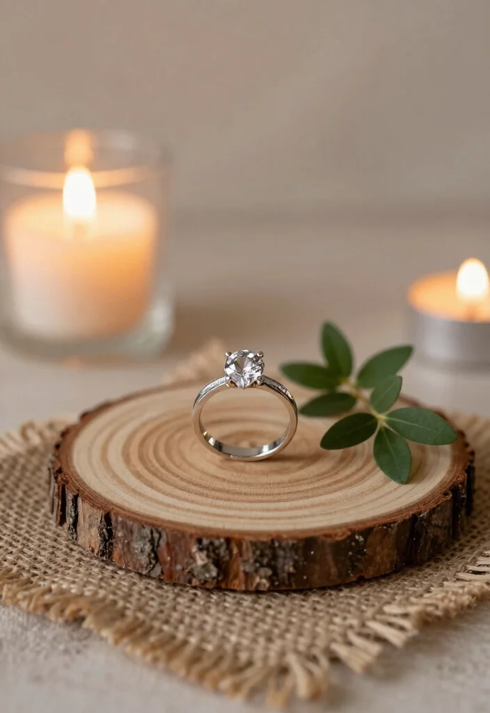 10 Engagement Rings Decoration Ideas for a Creative Display - 6. Wooden Slice Display 1