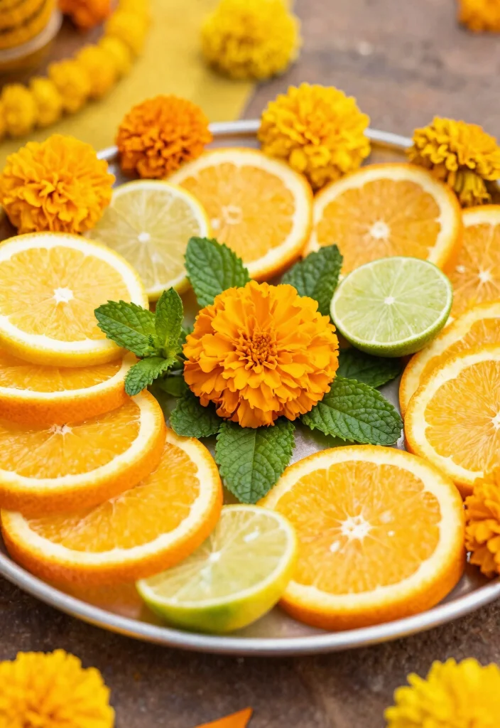 10 Haldi Plate Decoration Ideas Using Flowers and Bright Colors - 2. Bright Citrus Delight 1