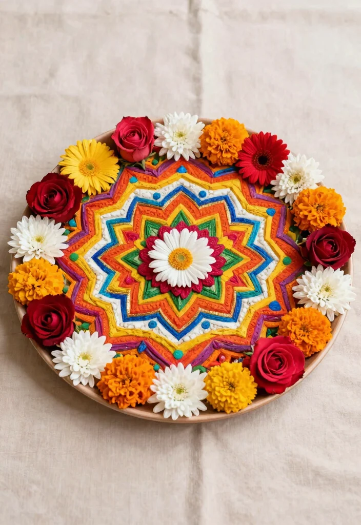 10 Haldi Plate Decoration Ideas Using Flowers and Bright Colors - 5. Vibrant Floral Mandala 1