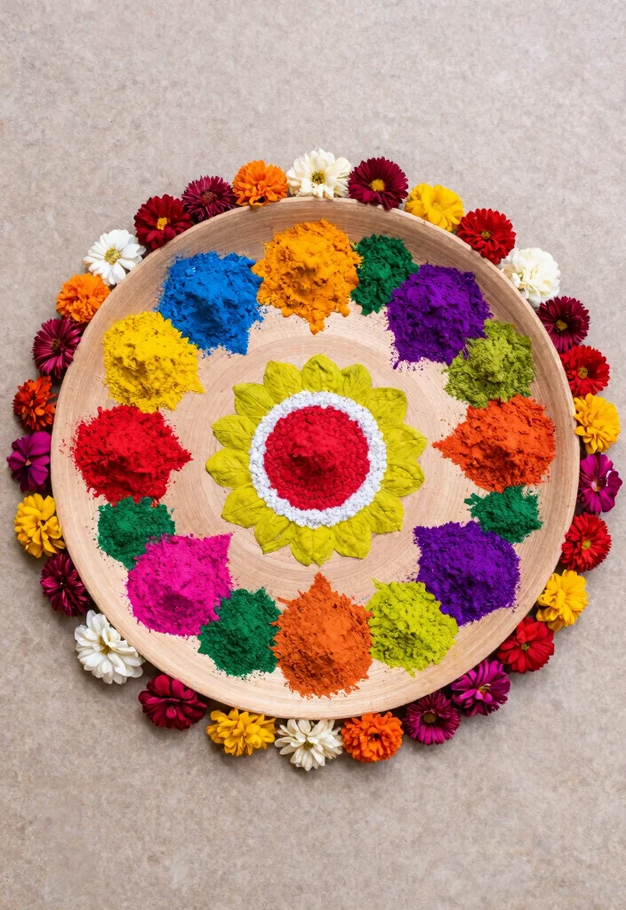10 Haldi Plate Decoration Ideas Using Flowers and Bright Colors - 7. Colorful Rangoli Accents 1