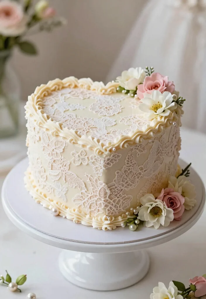 10 Heart Shaped Cake Ideas That Feel Romantic and Timeless - 1. Vintage Lace Heart Cake 1