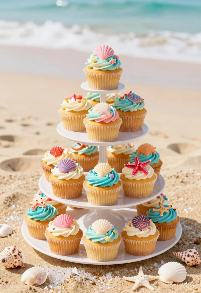 12 Beach Cake Ideas Perfect for Summer Parties and Coastal Themes - 3. Seashell Cupcake Tower 1