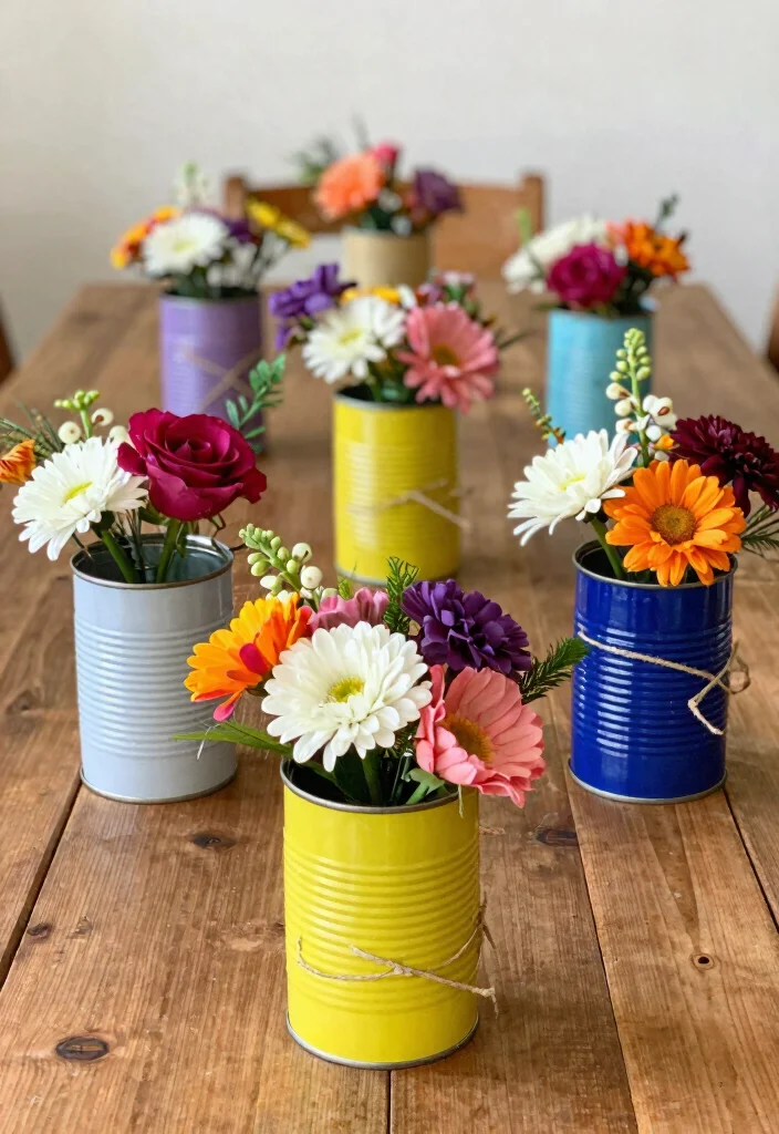 12 Bridal Shower Centerpiece Ideas That Are Easy and Elegant - 10. Upcycled Tin Can Vases 1