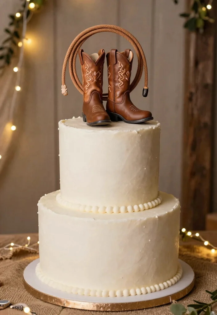 12 Cowboy Cake Ideas with Rustic Details and Western Charm - 8. Lasso and Cowboy Boot Cake Topper 1