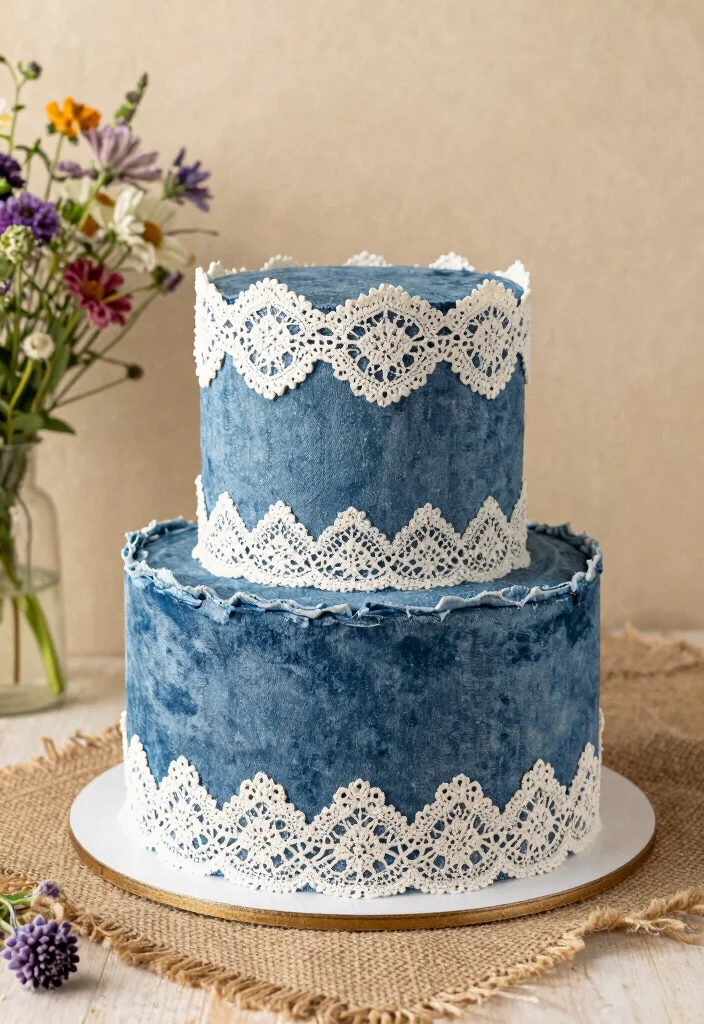 12 Cowboy Cake Ideas with Rustic Details and Western Charm - 9. Denim and Lace Cake 1