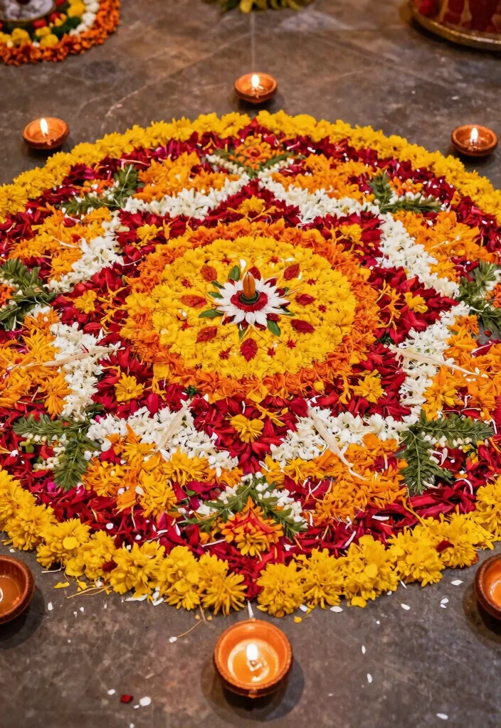 12 Ganpati Flower Decoration Ideas for a Sacred Festive Setup - 5. Floral Rangoli Creations 1