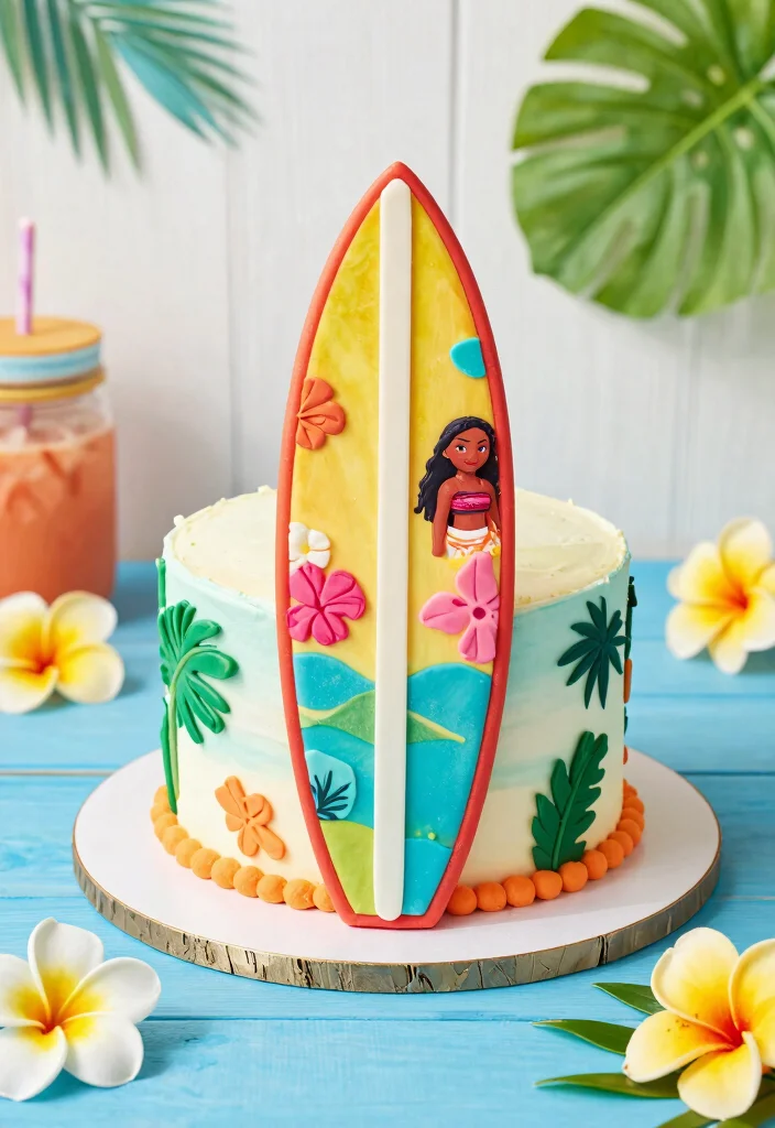 12 Moana Cake Ideas That Are Colorful Fun and Party Ready - 10. Moana’s Surfboard Cake 1
