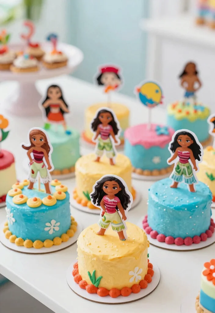 12 Moana Cake Ideas That Are Colorful Fun and Party Ready - 11. Mini Moana Cakes 1