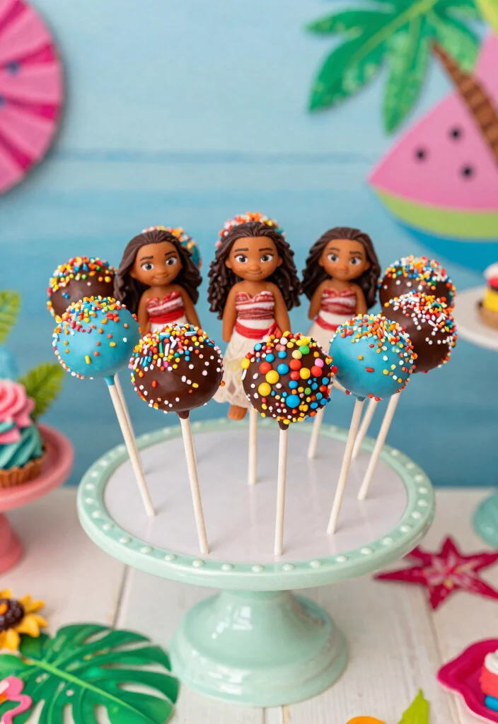 12 Moana Cake Ideas That Are Colorful Fun and Party Ready - 12. Moana's Adventure Cake Pops 1