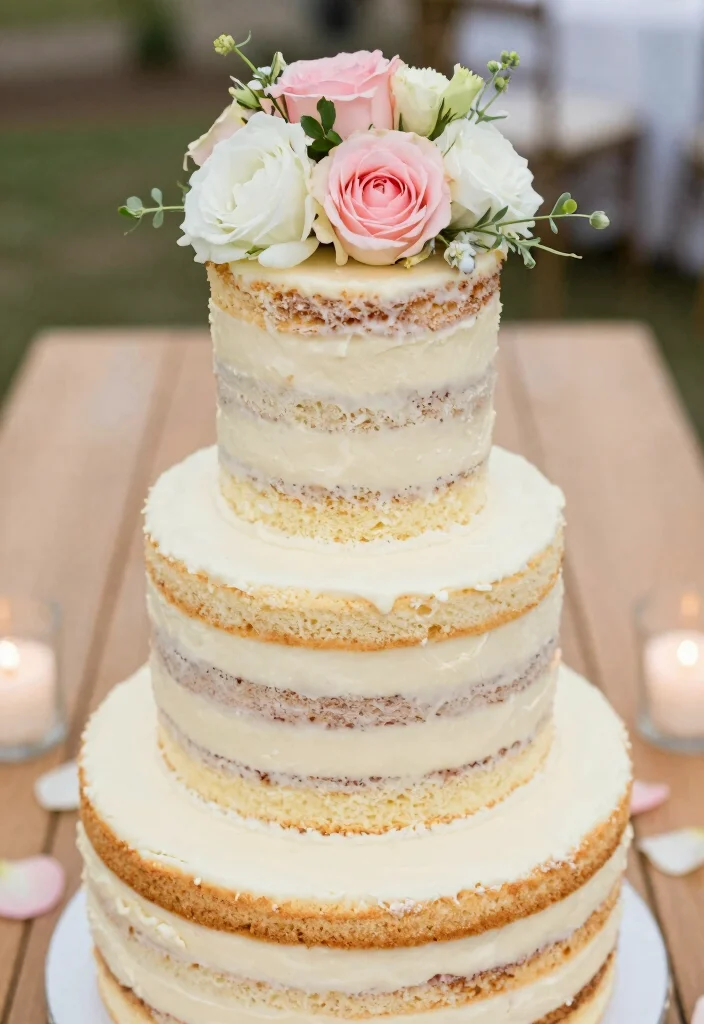 12 Rustic Wedding Cake Ideas with Natural Textures and Soft Colors - 1. Naked Cake with Fresh Flowers 1