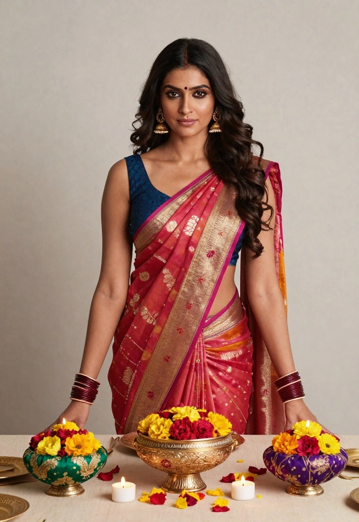 12 Saree Function Decoration Ideas with Traditional Elegant Details - 3. Elegant Saree-Inspired Centerpieces 1