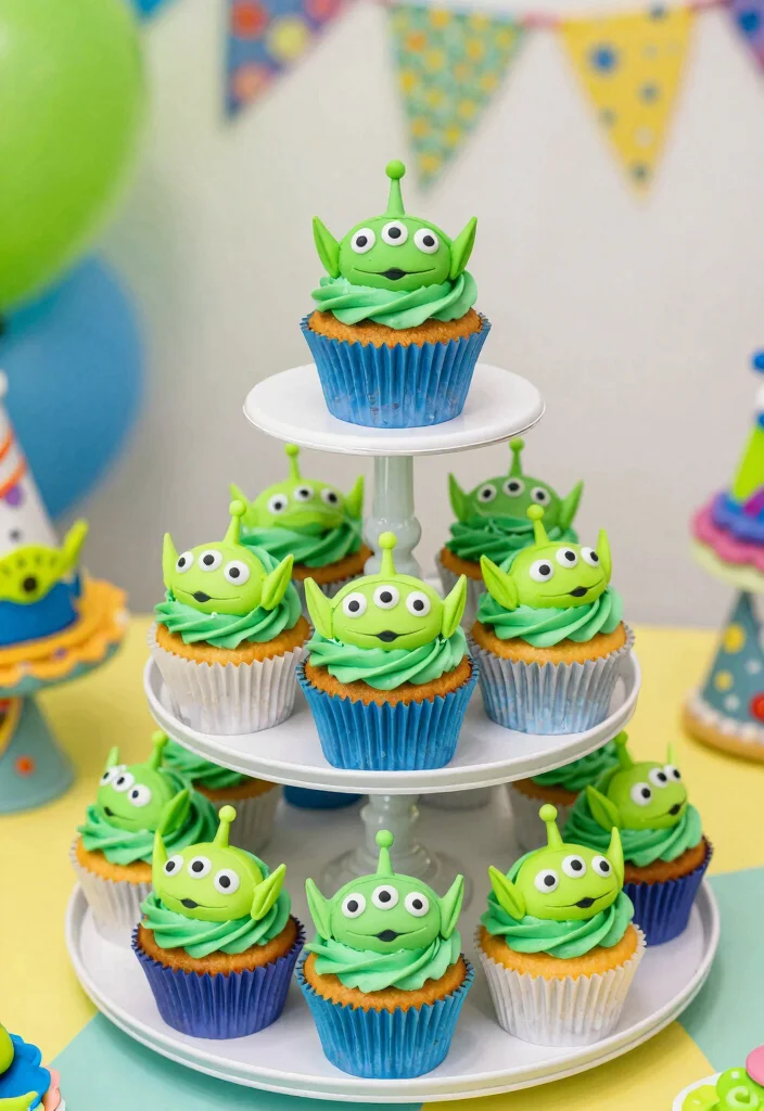 12 Toy Story Cake Ideas Kids Will Love for a Fun Birthday Party - 4. Alien Cupcake Tower 1